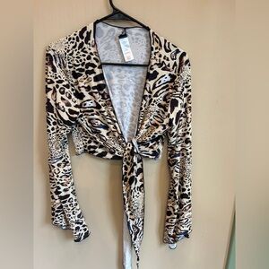 VENUS Leopard Print Tie-Front Swim Coverup in Cream, Black, Brown
